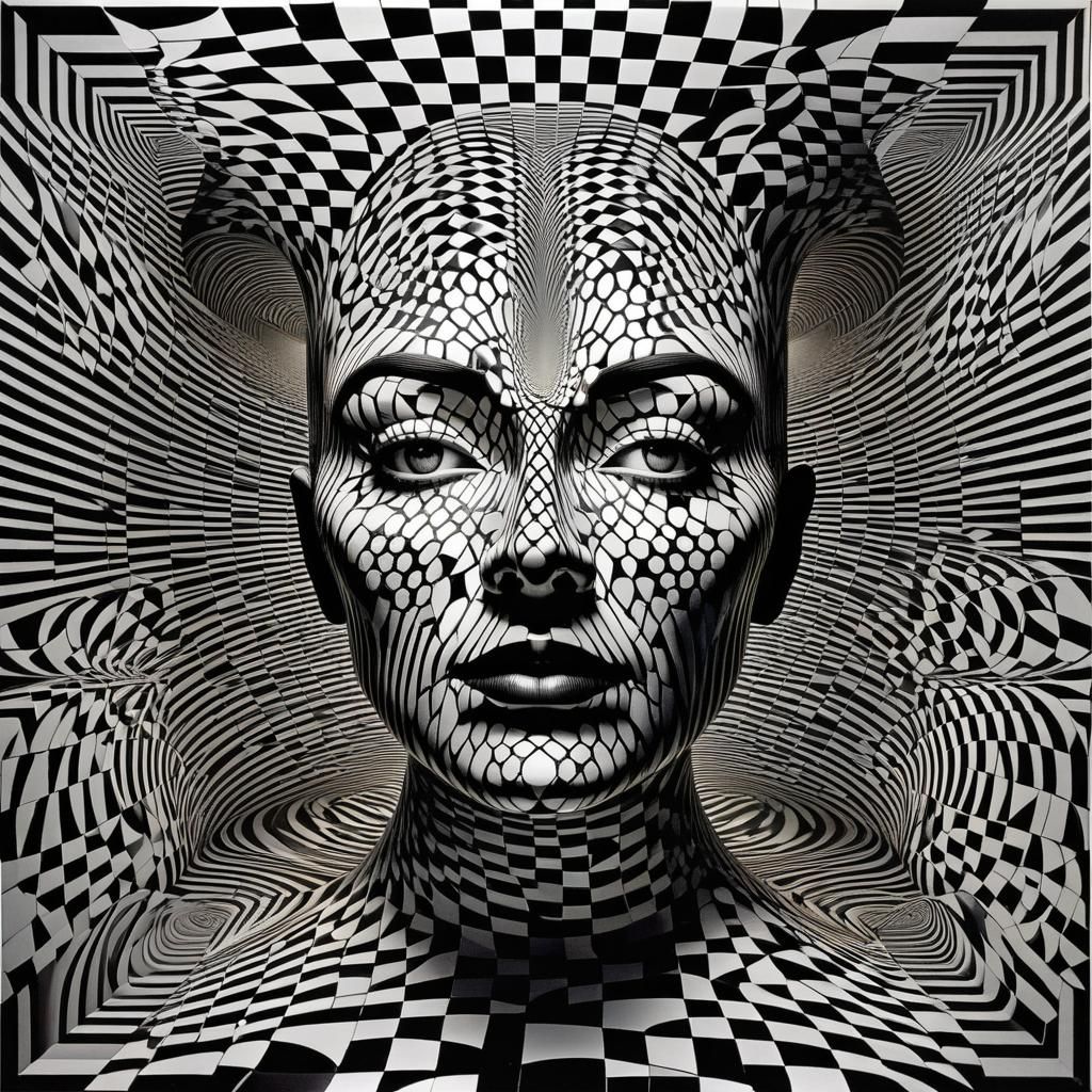 Exploding Head Optical Illusion in Op Art Style