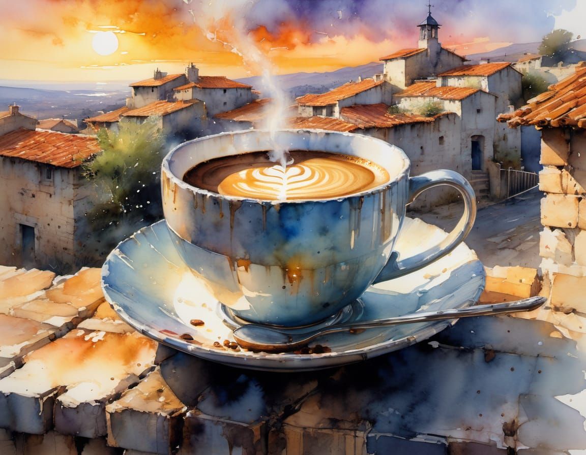 Steaming Morning Coffee in a Rustic Watercolor Scene