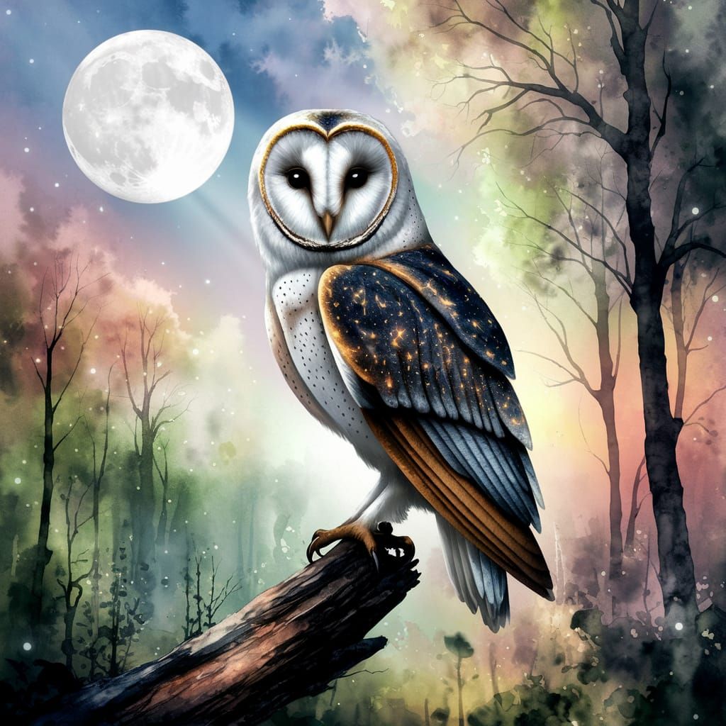 Moonlit Barn Owl Perches on Weathered Branch