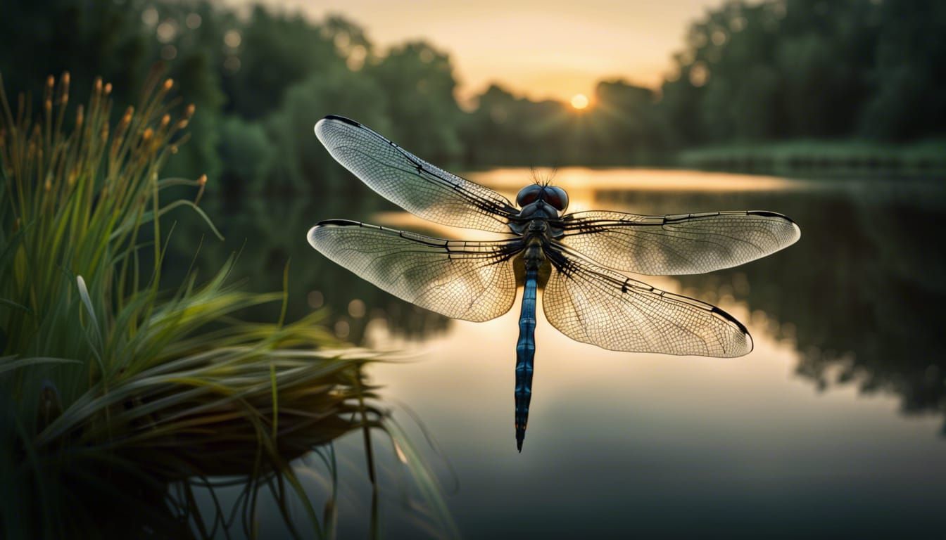 Dragonfly Over Calm Lake at Dawn: Photorealistic Close-Up