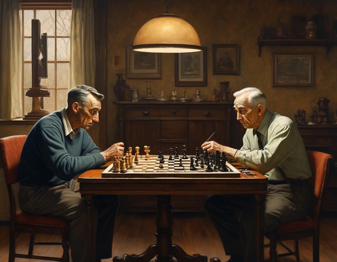 Tense Chess Match in Rockwell Style Oil Painting
