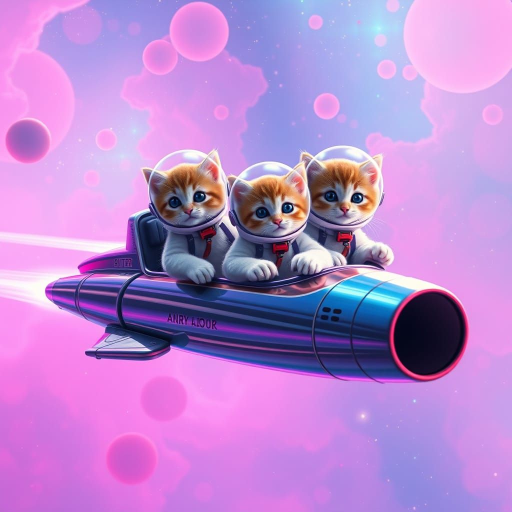 Whimsical Space Kittens Explore a Vibrant Nebula