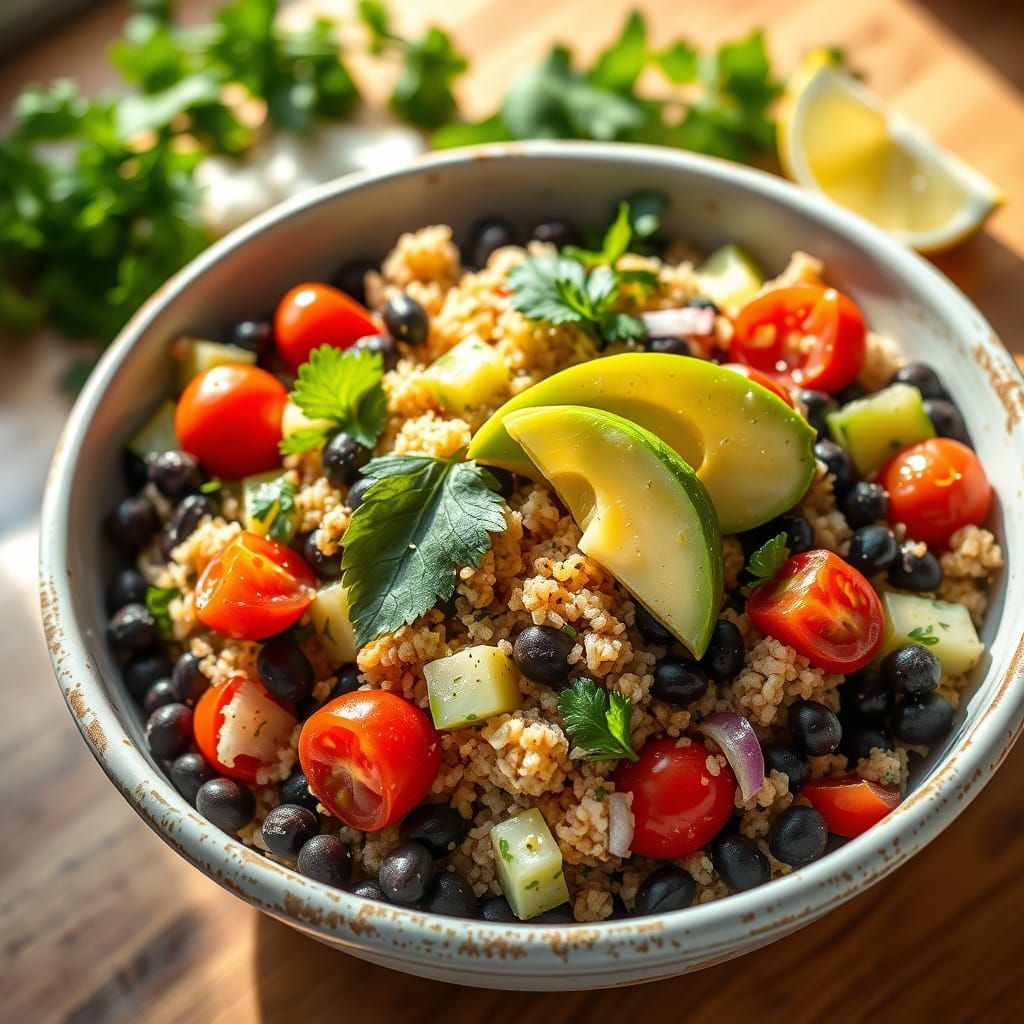 Fresh Quinoa Salad in Rustic Ceramic Bowl