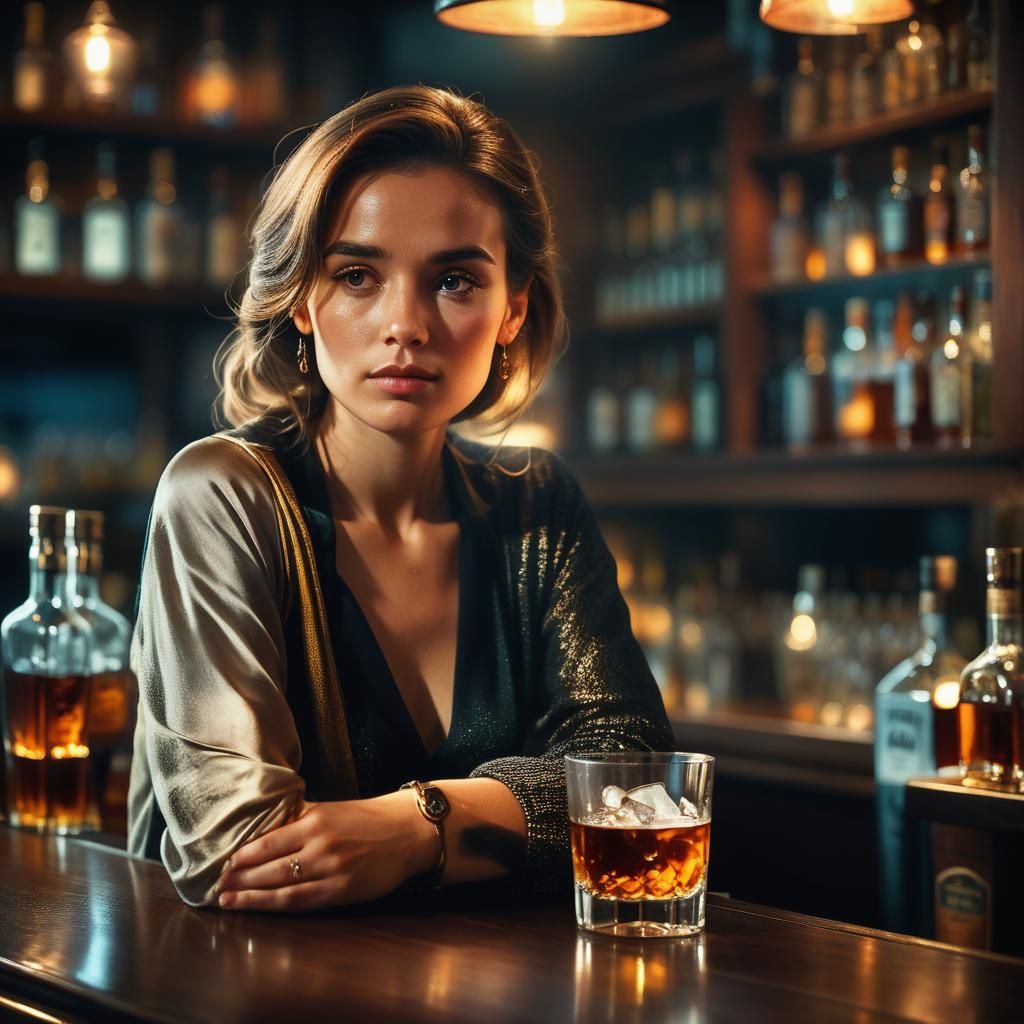 Cinematic Hyperrealistic Portrait of Woman in Bar