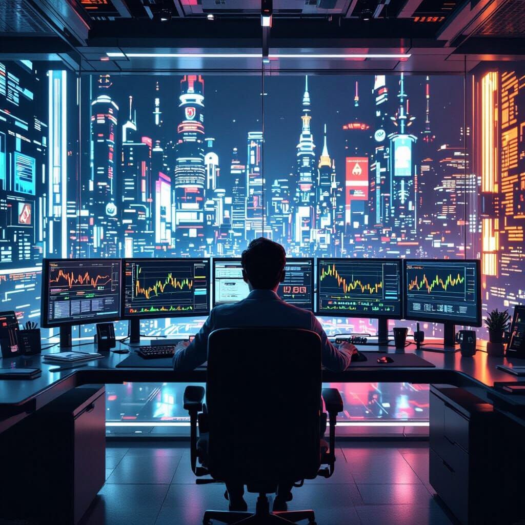 Trader in Futuristic Office Using Crypto Platform
