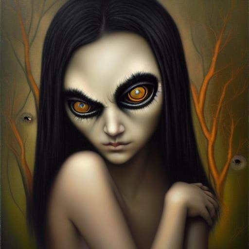 Surreal Woman with Piercing Gaze, Dark Art