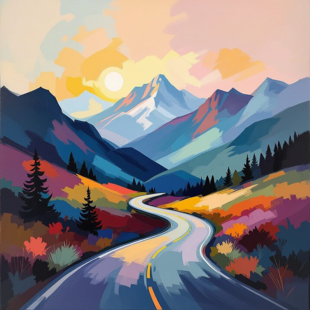 Winding Mountain Road in the Style of Sam Francis