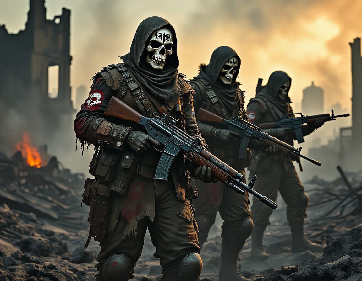 Post-Apocalyptic Raiders in Burned City Ruins