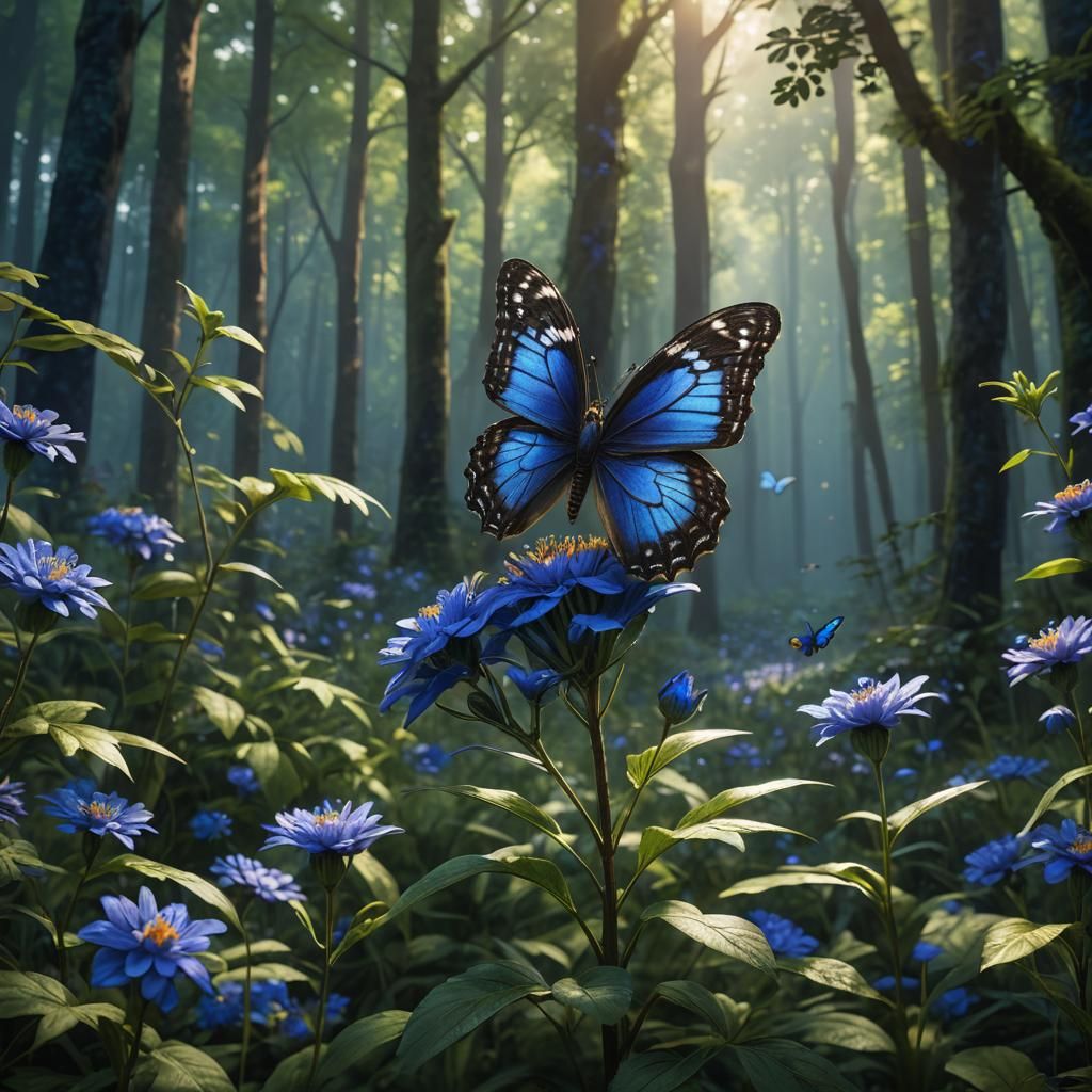 Butterfly on Blue Flower in Morning Forest