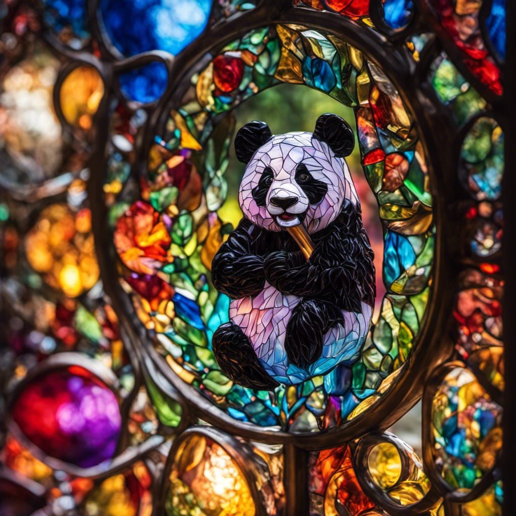 Colorful Stained Glass Panda in Hyperrealistic Style