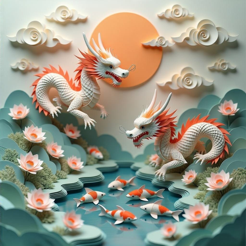 Whimsical Paper Art Dragons Soar Over Koi Fish Pond in a Dre...