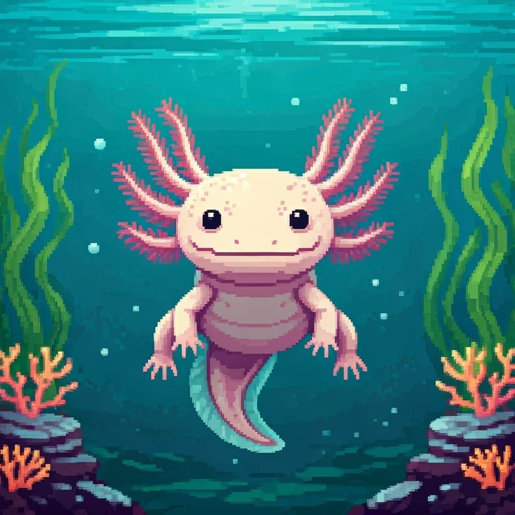 Pixelated Axolotl Protagonist in 8-Bit Inspired Retro Aesthe...