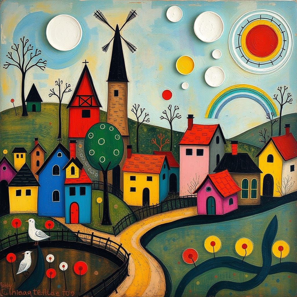 Surreal Village Landscape with Whimsical Geometric Shapes