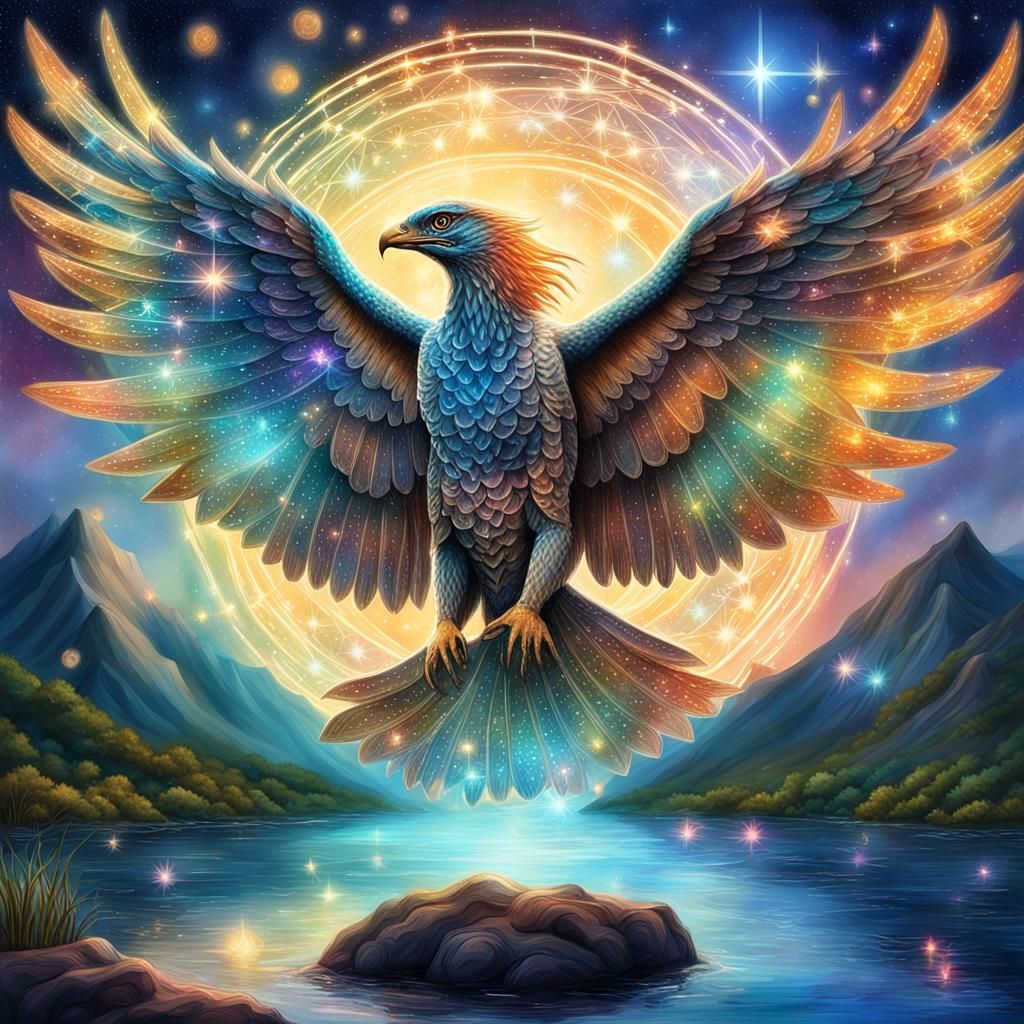 Diamond Phoenix Flying Over Magical Lake