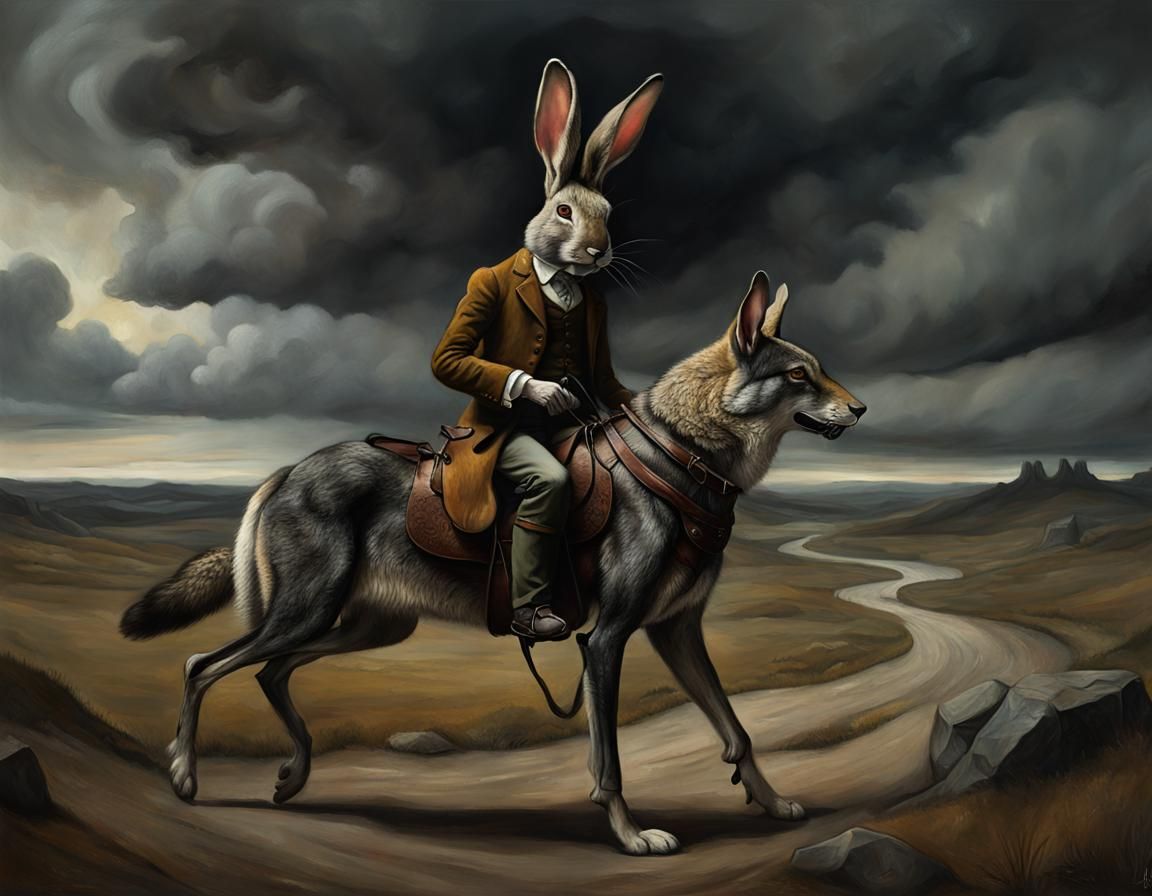 Rabbit Rider on Wolf: Dark Fantasy Concept Art