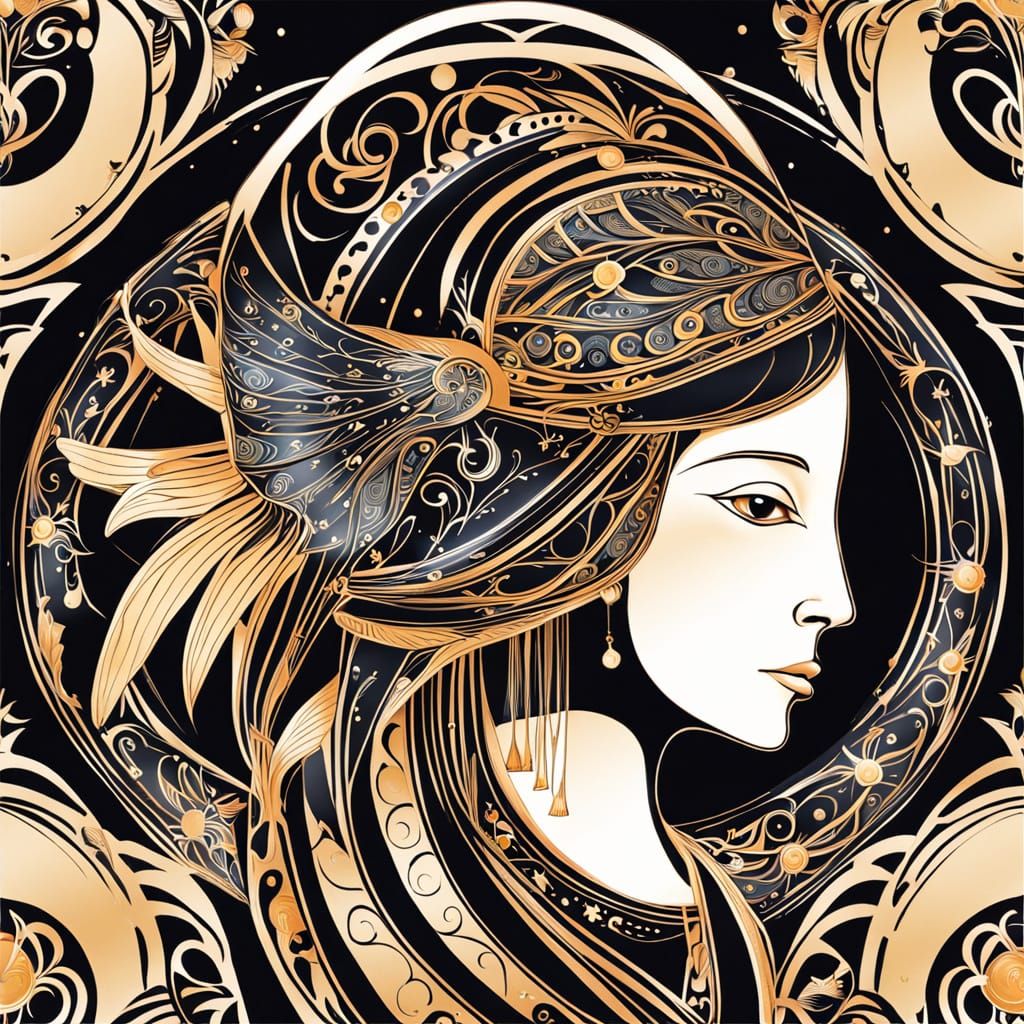 Nightingale and Amphora Fusion in Art Nouveau Style