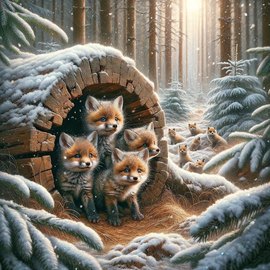 Fox Cubs Eagerly Await Mother in Snowy Woodland