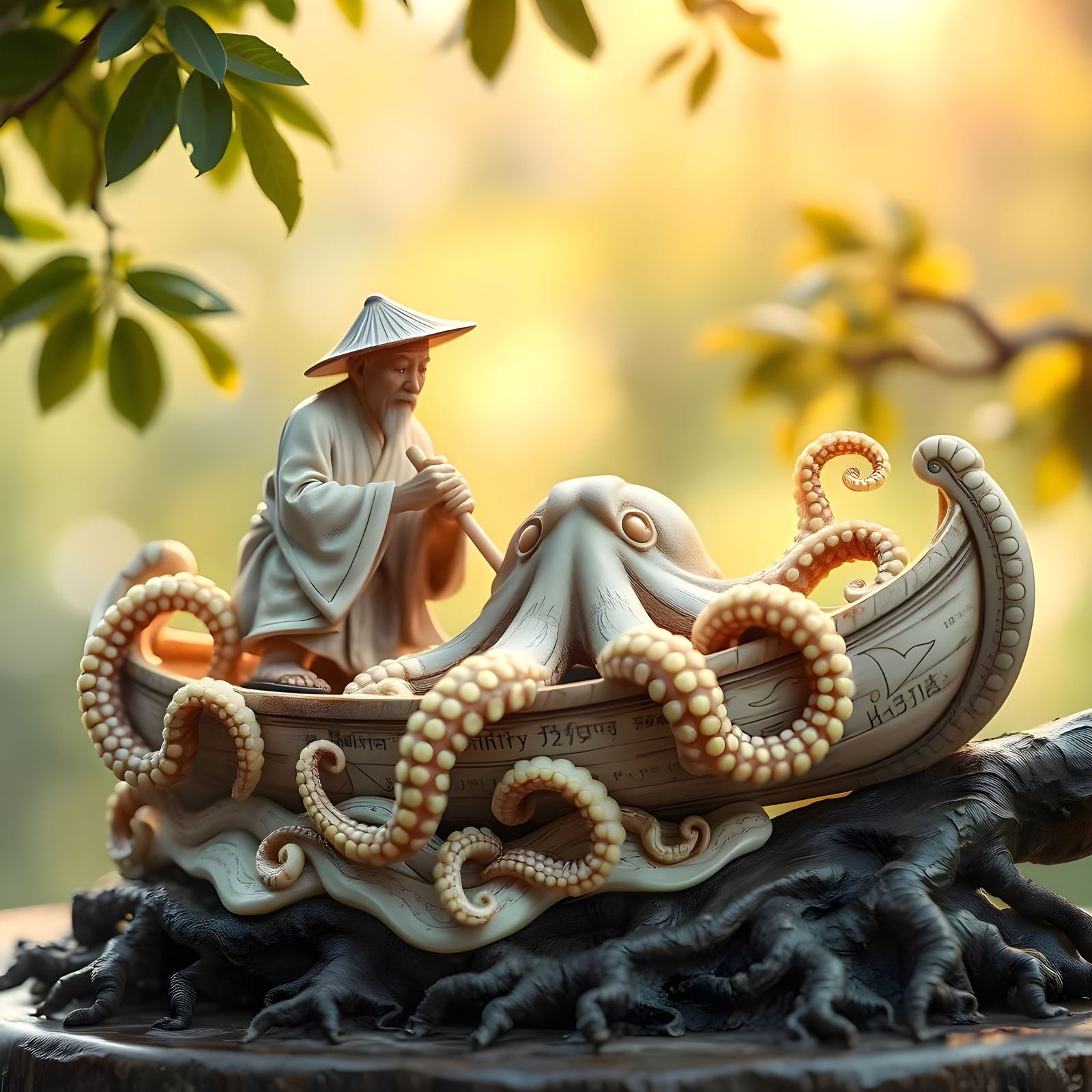 Antique Ivory Okimono: Fisherman and Giant Octopus