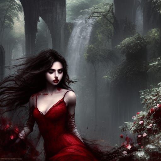 Vampire in Ruins with Roses: Hyperrealistic Dark Fantasy