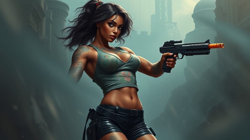 Sci-Fi Tattooed Bodybuilder in Ethereal Fantasy Style