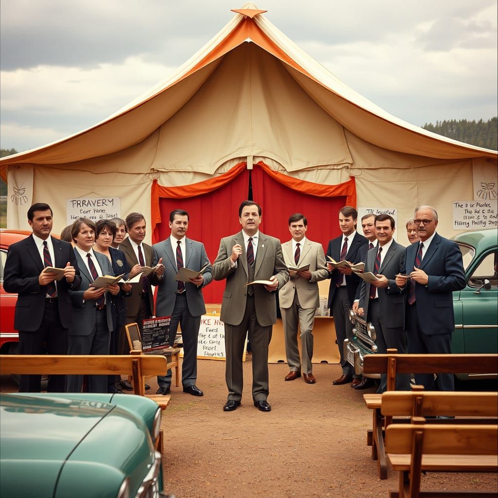 1950s Evangelists Gather Outside Revival Tent