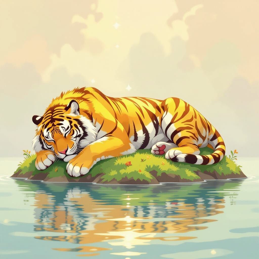 Golden Tiger Sleeps: Watercolour Art Nouveau Style