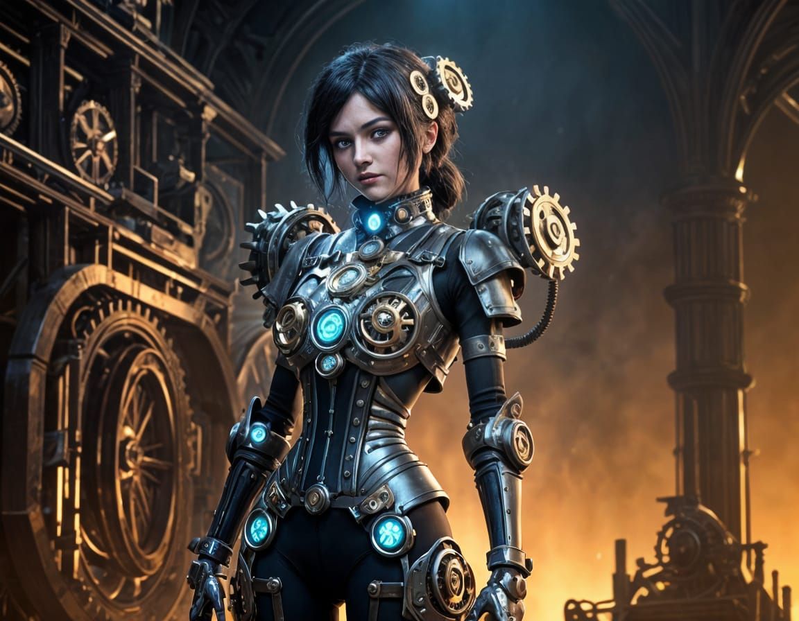 Clockwork Woman with Steampunk Engine Details