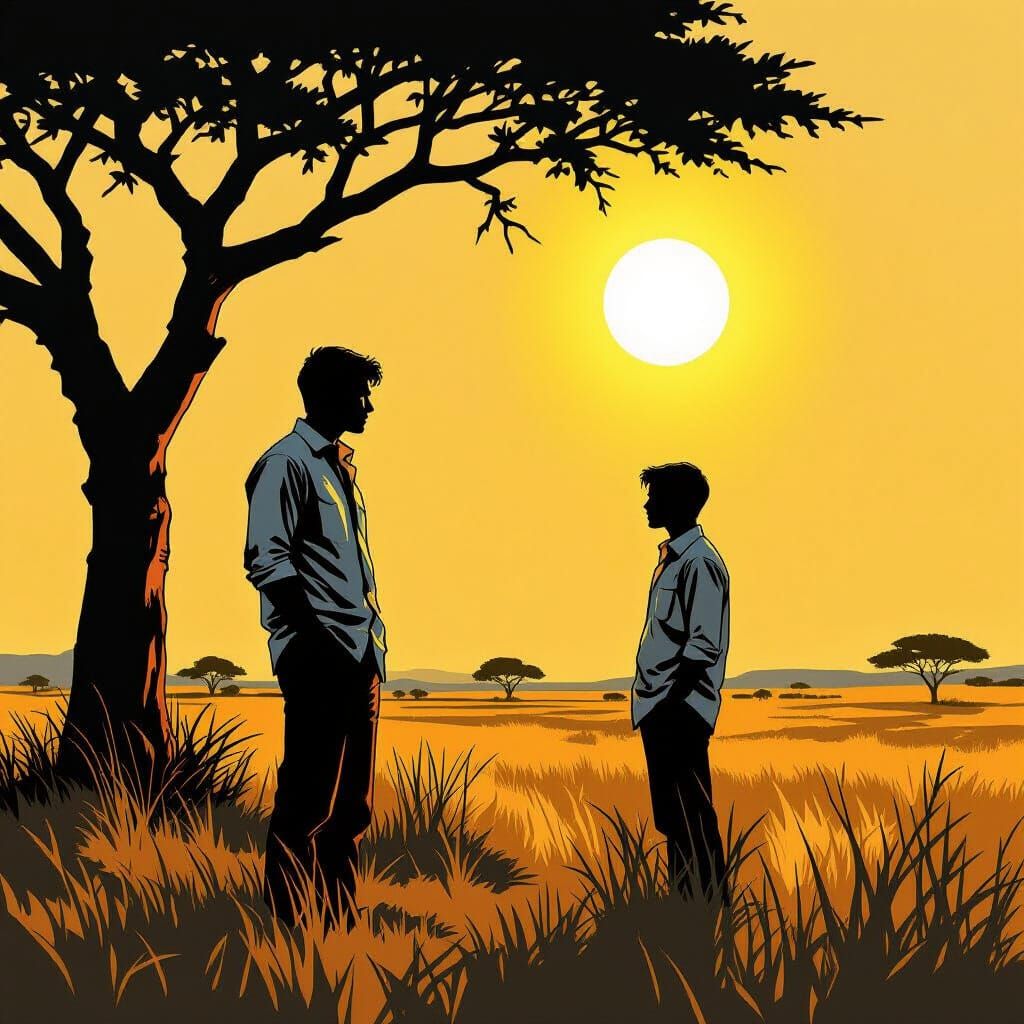 Man in Silhouette Under Savannah Sun Graphic Novel Style