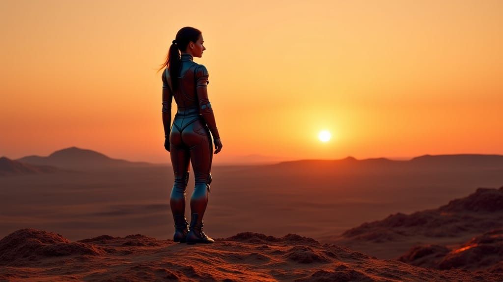 Astronaut Contemplates Sunset on Alien Planet