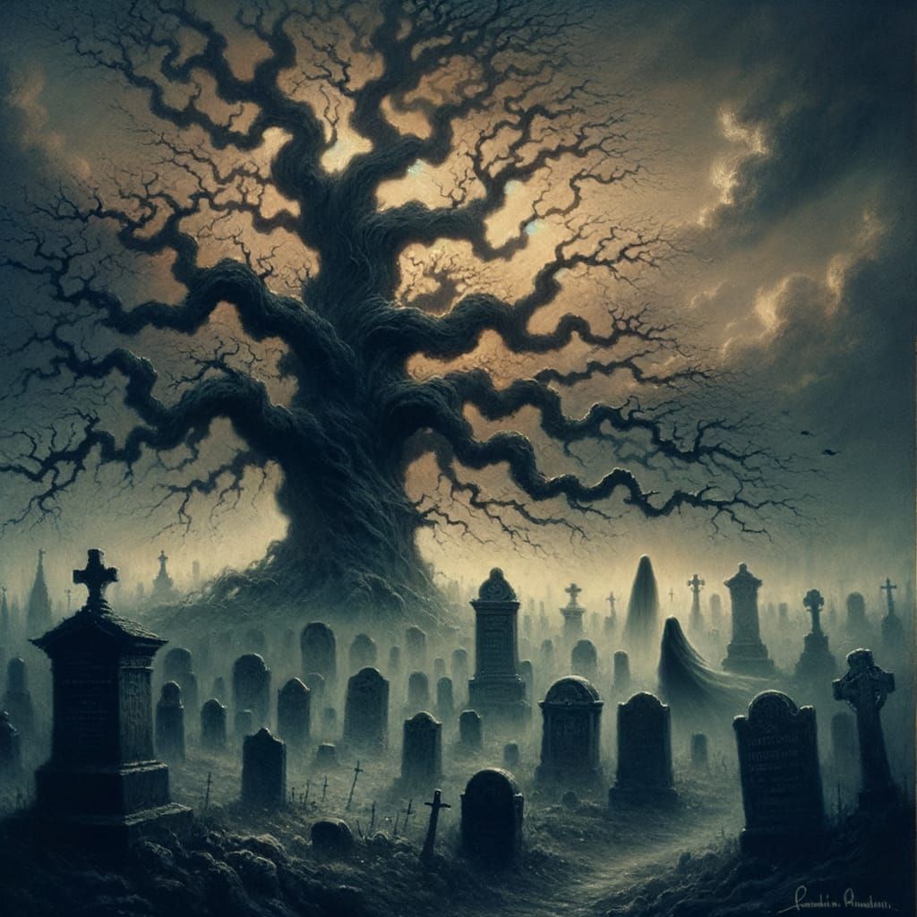 Ancient Oak in Misty Graveyard at Twilight