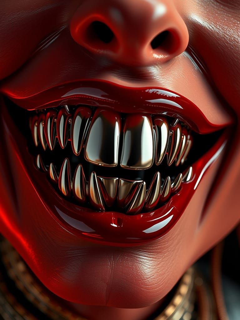 Cyberpunk Demon Portrait with Chrome Teeth and Industrial Sk...