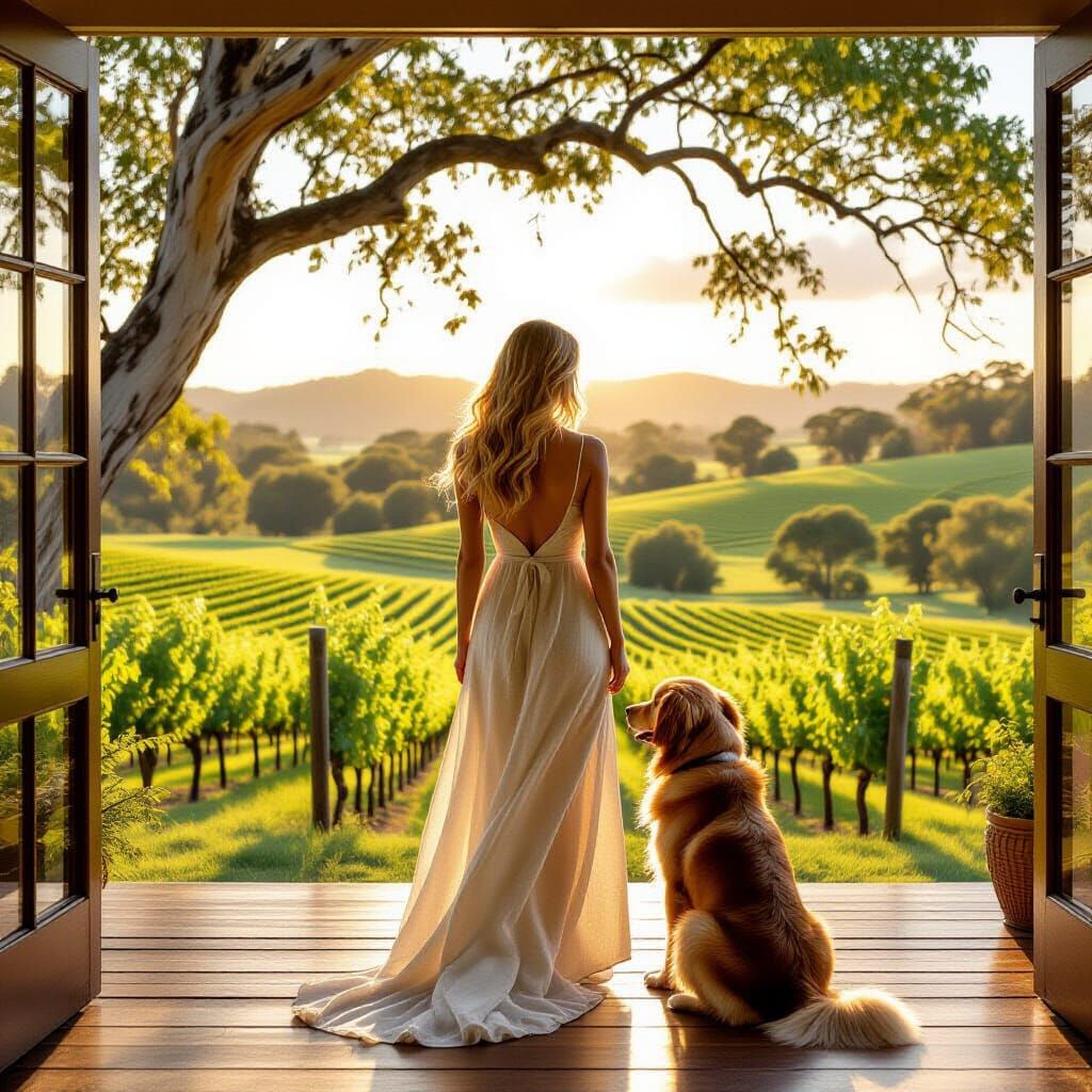 Elegant Australian Woman on Vineyard Veranda with Golden Ret...