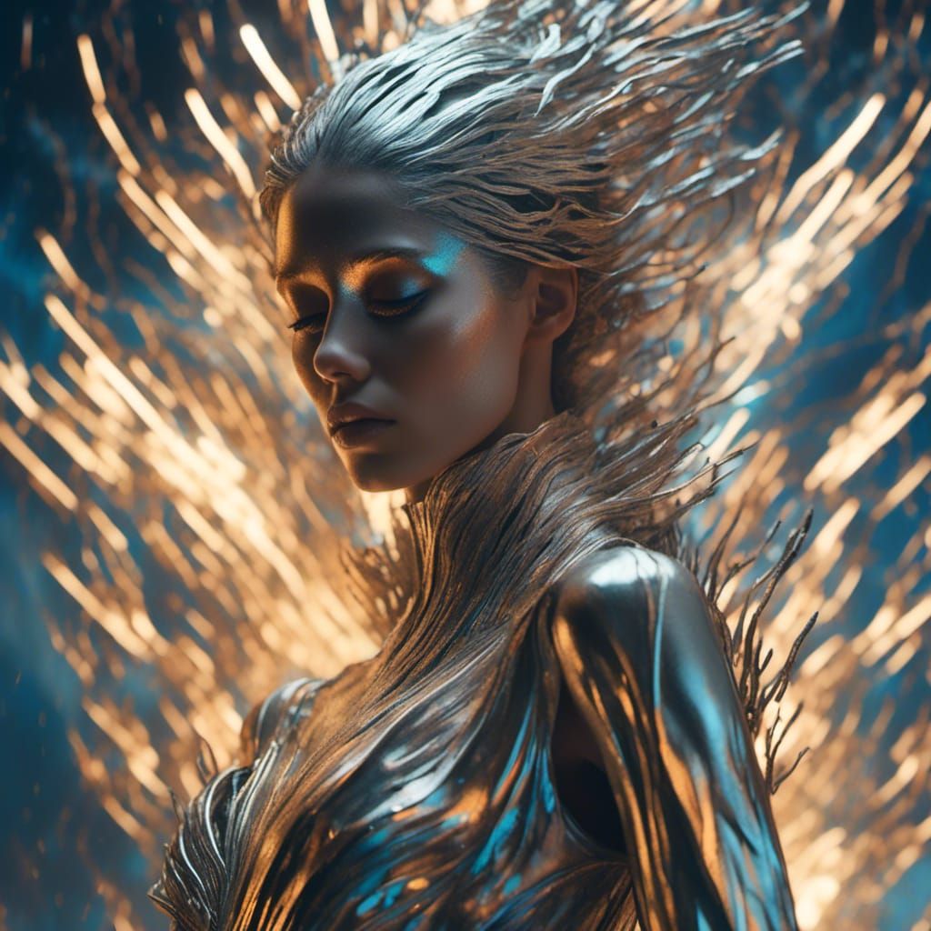 A beautiful woman in a figure hugging silver metallic dress