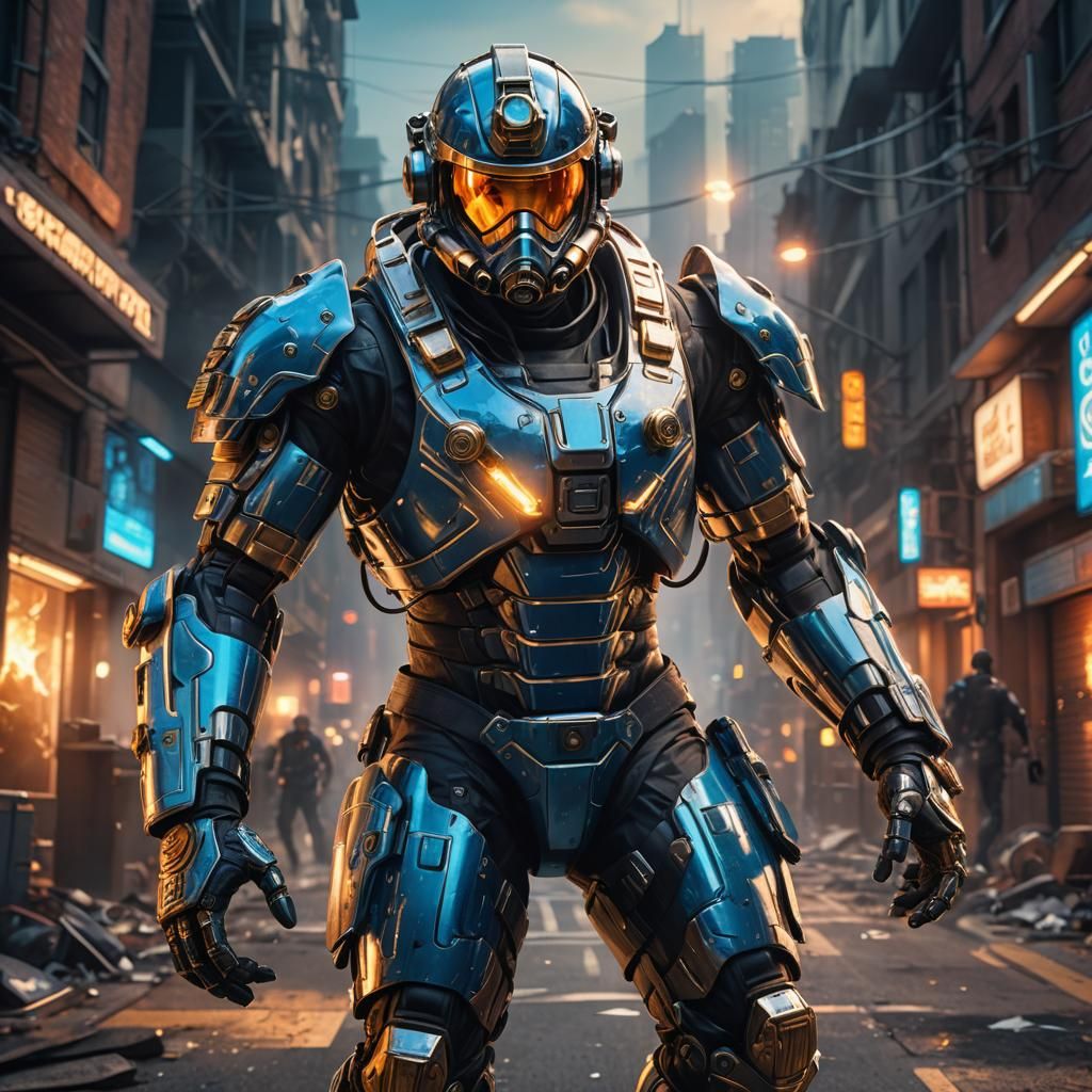 Cyborg Firefighter Pilot in Lorenzetti Sci-Fi Style