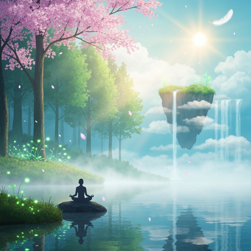 Serene Forest with Meditating Silhouette and Ethereal Light