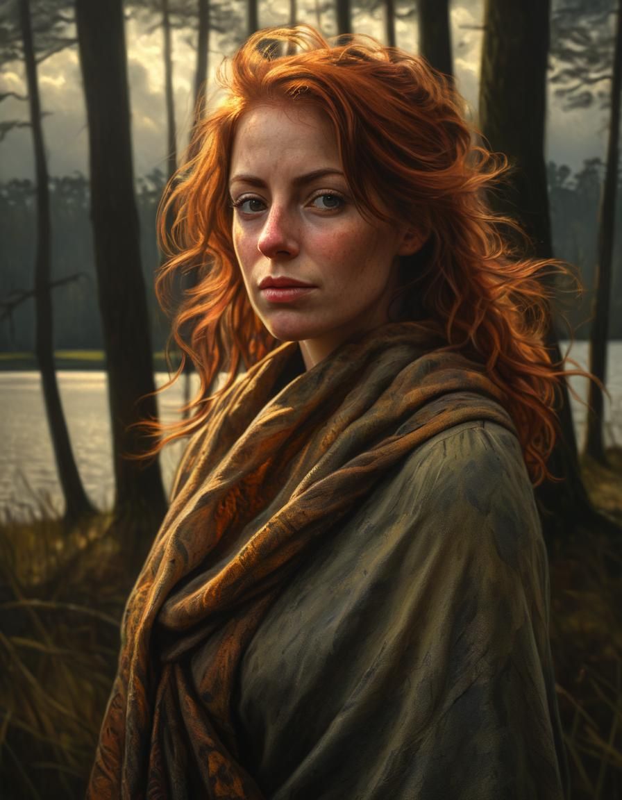 Dramatic Auburn Woman in Field: Chiaroscuro Oil Painting