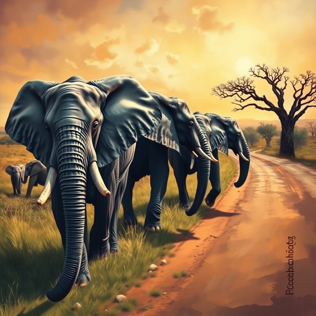 Majestic Elephants Procession in a Sun-Baked Savannah