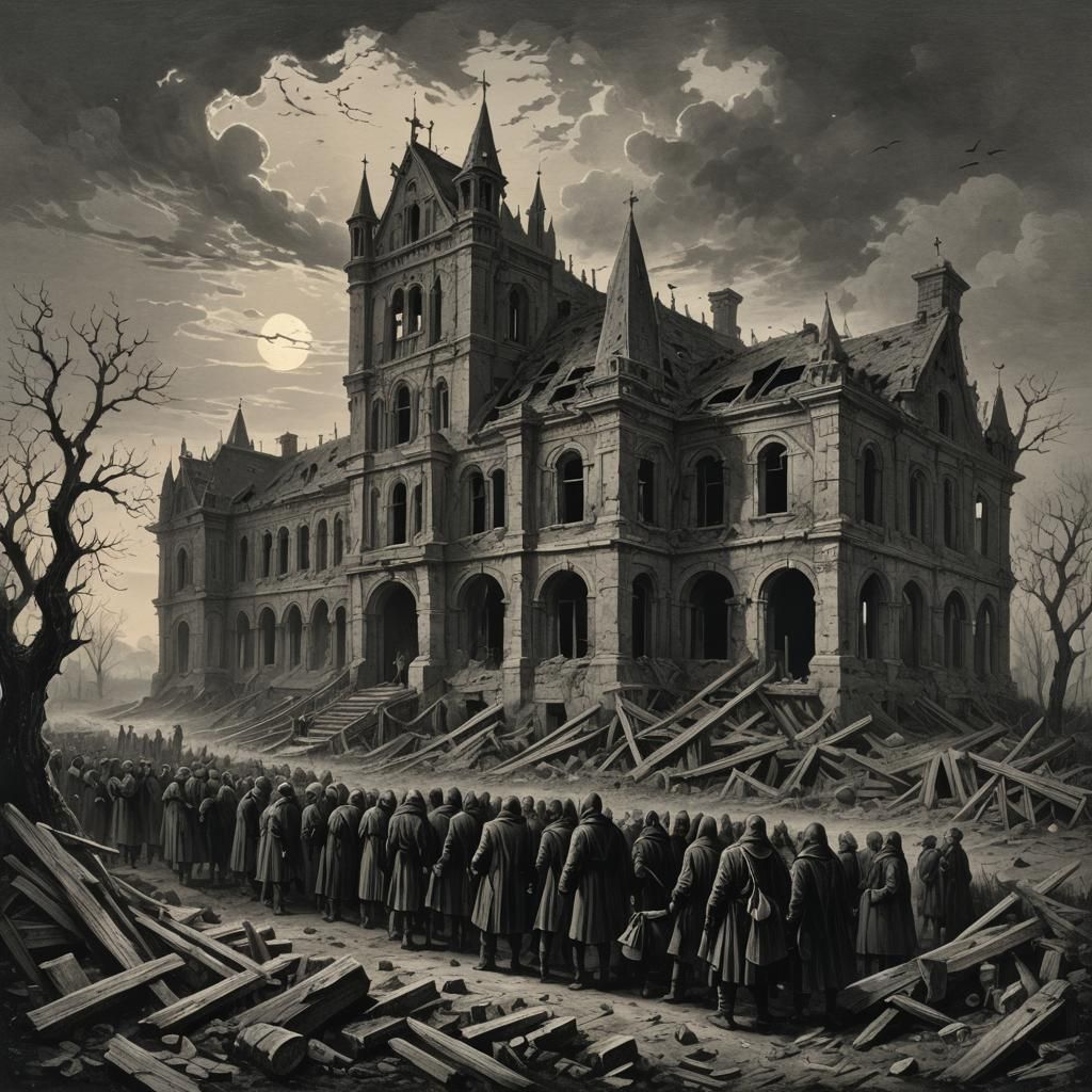 Ruined School Building in Field: Gothic Horror Style