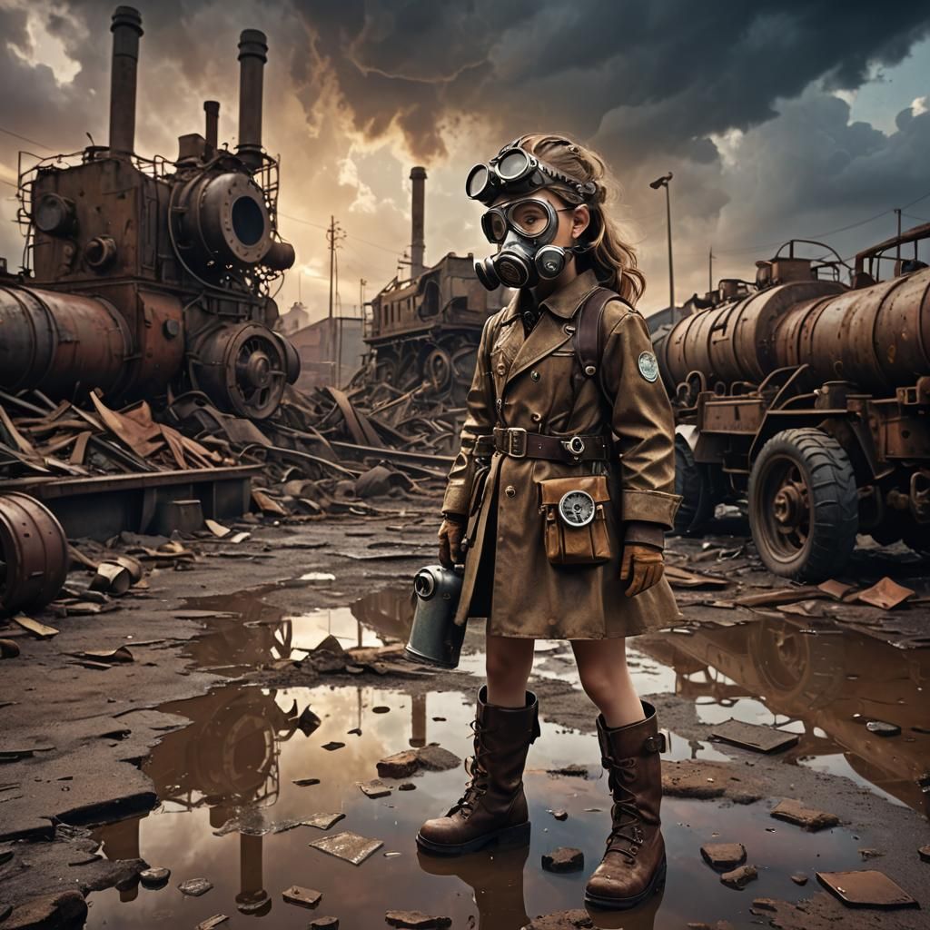Dieselpunk Wasteland: Girl in Gas Mask Amidst Ruins