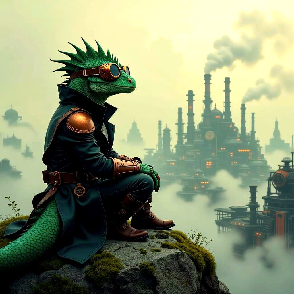 Basilisk Overlooking Landscape with Steampunk Engine