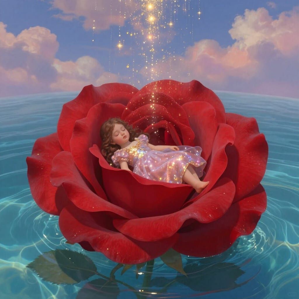 Ethereal Girl Sleeping in Crimson Rose with Sparkling Light