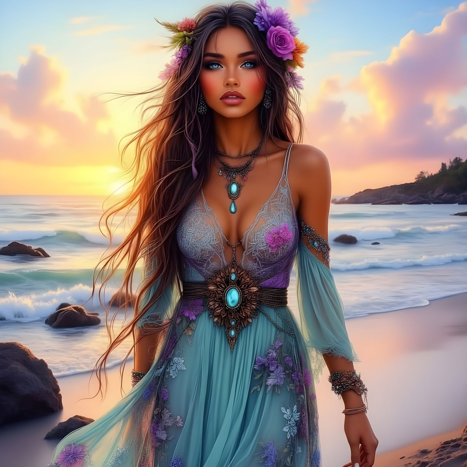 Bohemian Native American Woman on Beach at Sunset