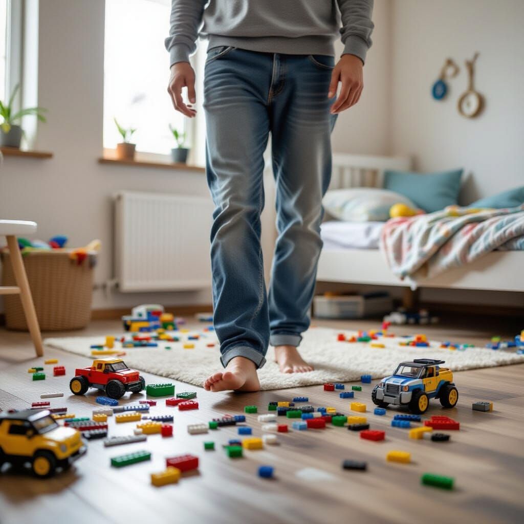 Parent Stepping on LEGOs in Messy Kid's Room