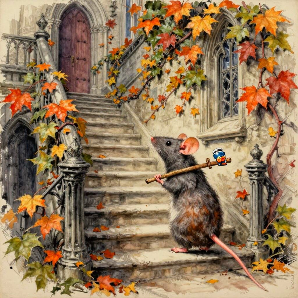 Anthropomorphic Mouse at Gothic Castle Staircase Sketch