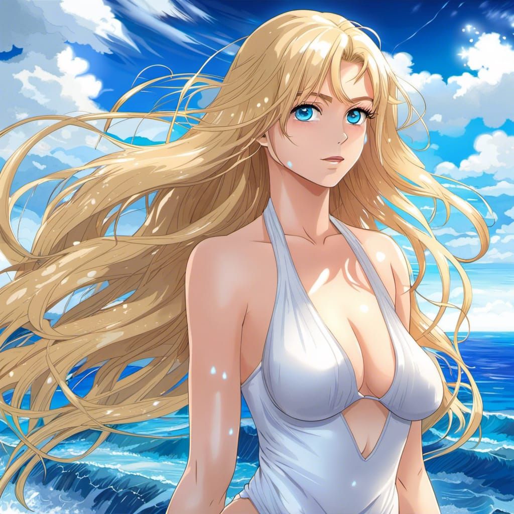 Anime Woman on Beach in Rain: Detailed Portrait