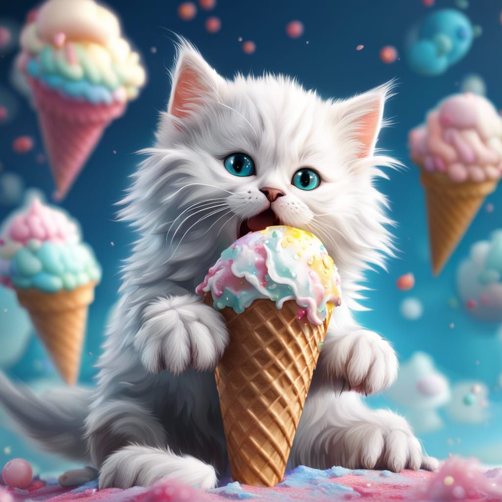 Fluffy Kitten Emerging from Ice Cream Cone