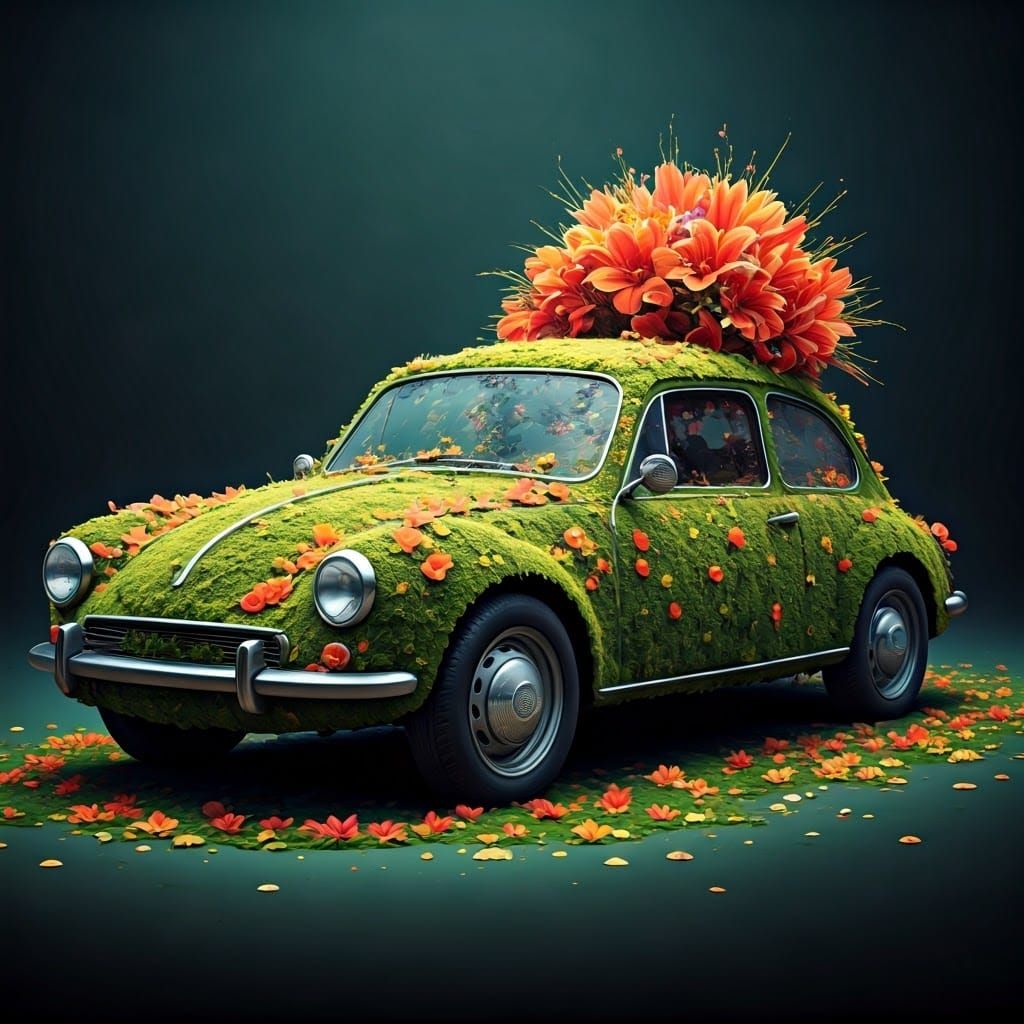 Surreal Flower Car in Nature: Vibrant Fantasy Art
