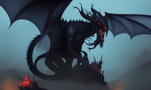 Dark Fantasy Black Dragon in Fog