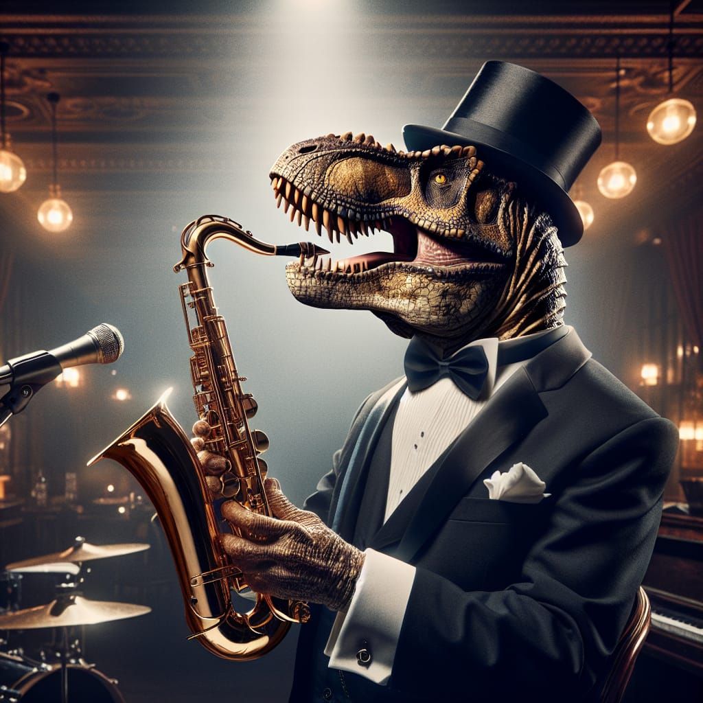 Tyrannosaurus Rex Plays Saxophone in Jazz Club