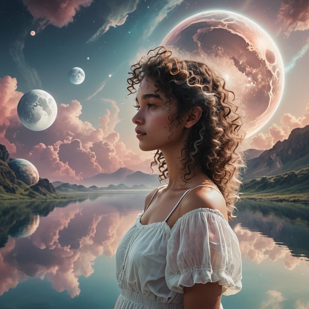 Ethereal Double Exposure Portrait of Girl and Alien Planet